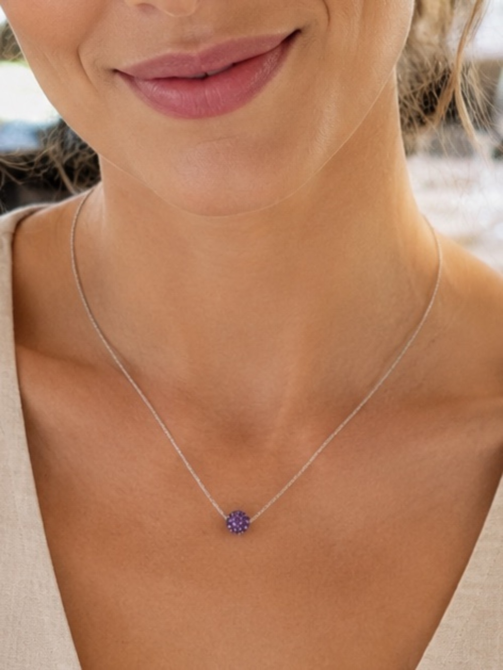 LIA SOPHIA Purple Pave Crystal Ball Pendant Necklace Silver Tone
